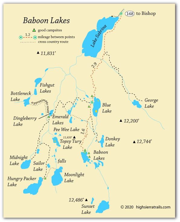 Map of the trails to Baboon Lakes, Sabrina Basin, CA