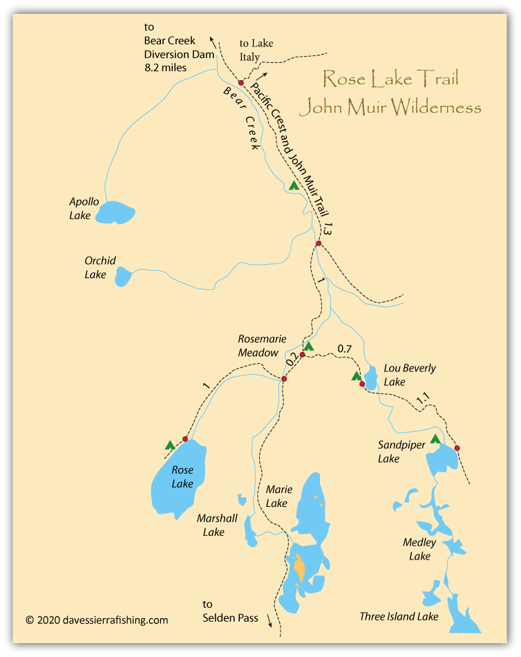 Rose Lake map, showing  the trail from the Lake Italy junction to Rose Lake and other nearby lakes, Fresno County, California