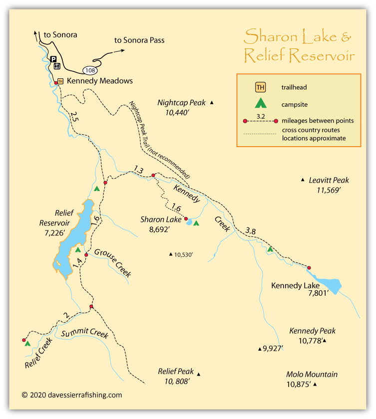 Relief Reservoir and Relief Creek map, showing Kennedy Meadows, Sharon Lake, and Kennedy Lake, Nevada County, California