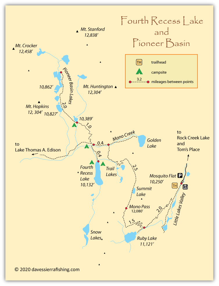 Fourth Recess Lake map, John Muir Wilderness, California