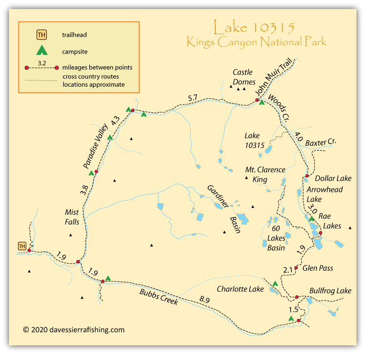 Lake 10315 map in Kings Canyon National Park, California